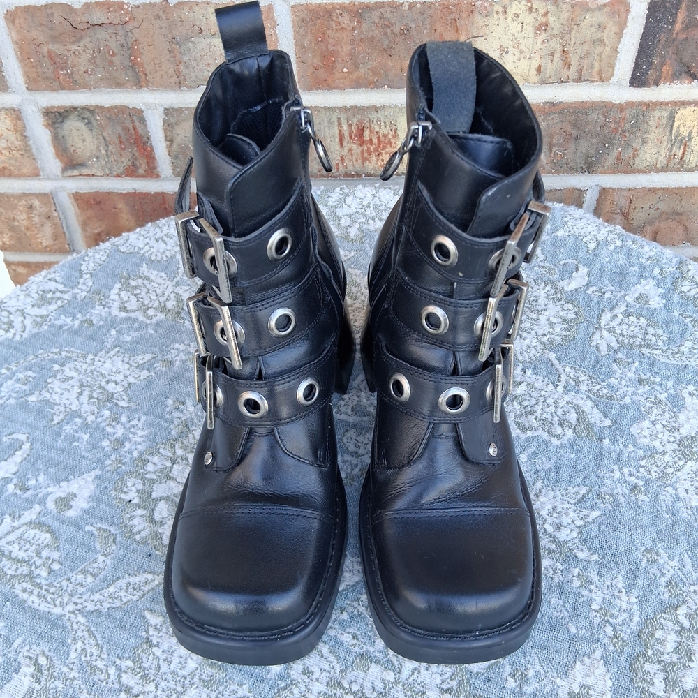 Harley-Davidson Black Leather Moto Combat Boots Sz 5 Biker-Chic Grunge Gothic - Picture 2 of 16